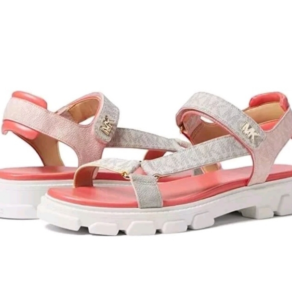 Michael Kors Pink & Tan MK Logo Flat Lug Chunky Sole Sandals SZ 7.5 New - Picture 2 of 16